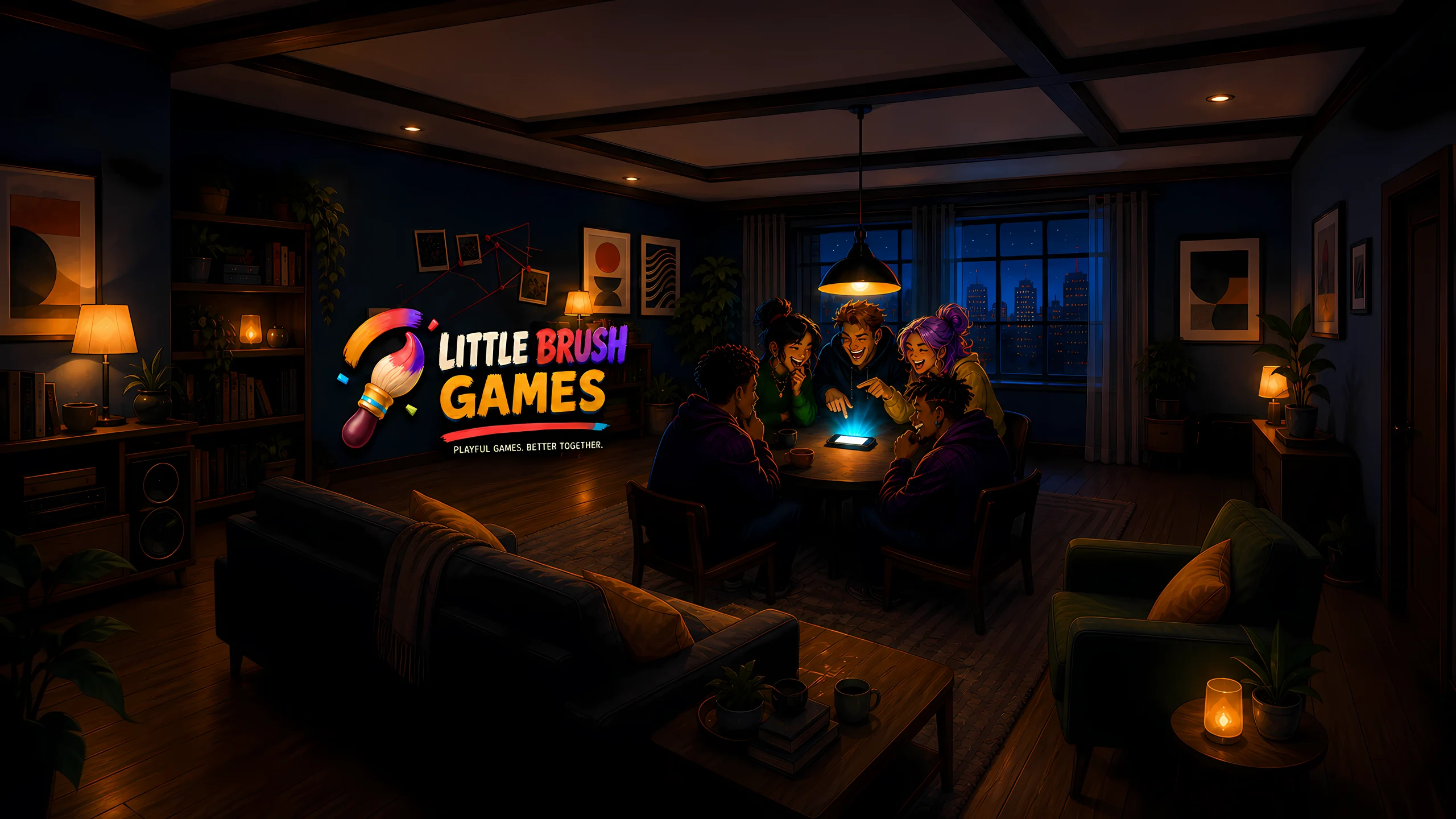 Fünf Freunde lachen in einem gemütlichen Spieleabend-Zimmer um ein leuchtendes Smartphone neben der bunten Pinsel-Identität von Little Brush Games