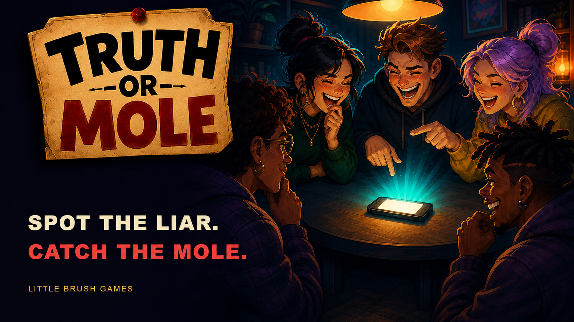 Truth or Mole Key Art mit Spieletitel und Freunden um ein gemeinsames Smartphone