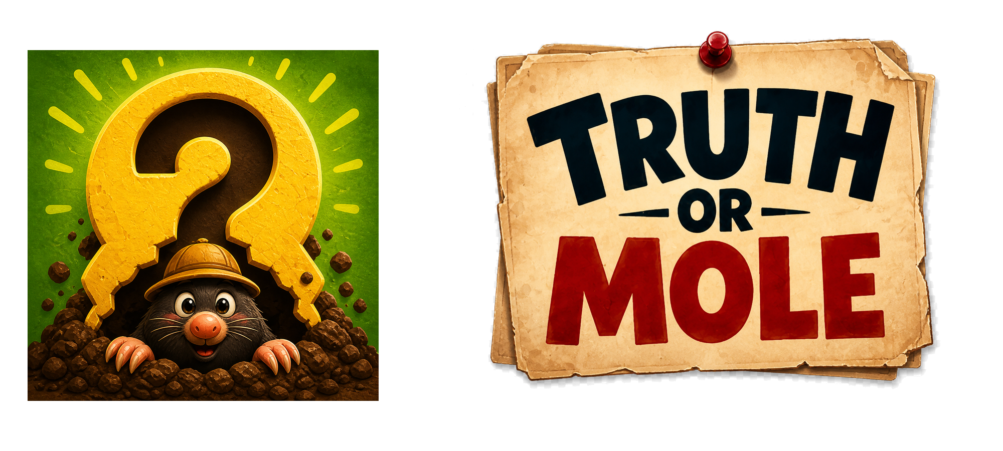 Horizontales Truth or Mole Product Lockup mit App-Symbol und englischem Titel