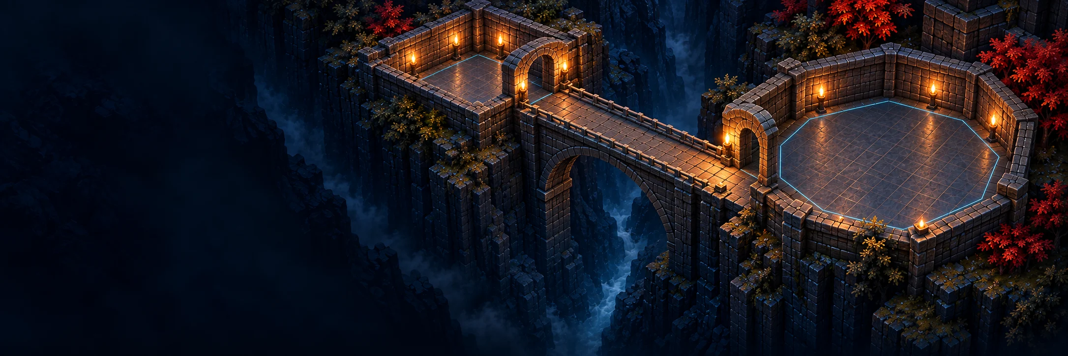 Concept illustration of two stone dungeon rooms connected by an arched bridge, with blue layout outlines and warm torchlight.