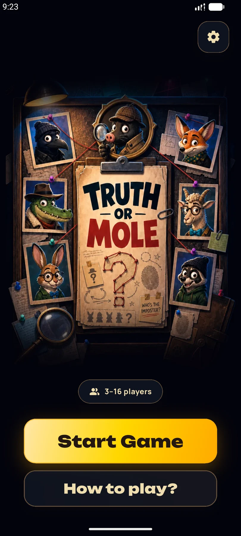Truth or Mole start screen with the detective board and Start Game button